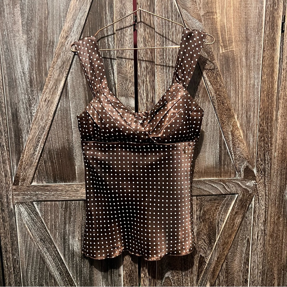 Satin pinup style brown with white polka dot thick strap top scalloped hem